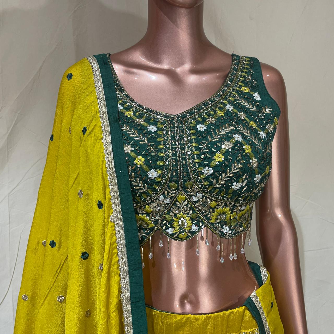 Shree Shanti Selection - Green and Yellow Lehenga for Women